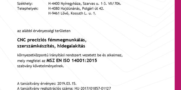 ISO Tan&uacute;s&iacute;tv&aacute;ny magyar 14001 2015